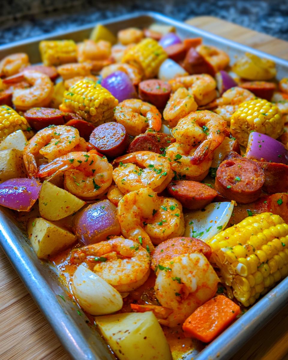 Close-up of a vibrant sheet pan shrimp boil featuring seasoned shrimp, smoked sausage slices, corn on the cob pieces, potatoes, and red onion.