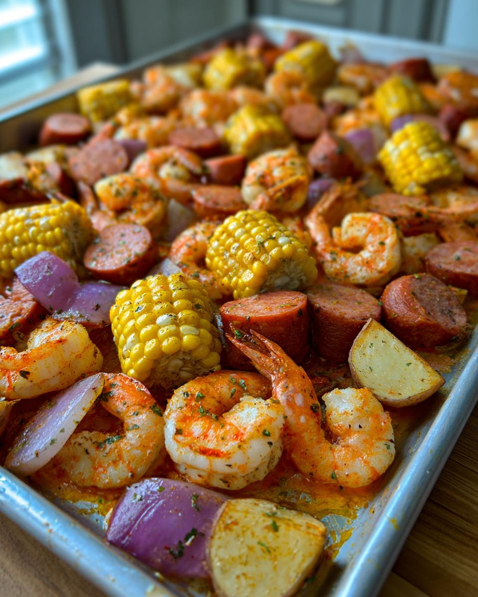 Close-up of seasoned shrimp, corn on the cob, sausage, potatoes, and red onion for a sheet pan shrimp boil.