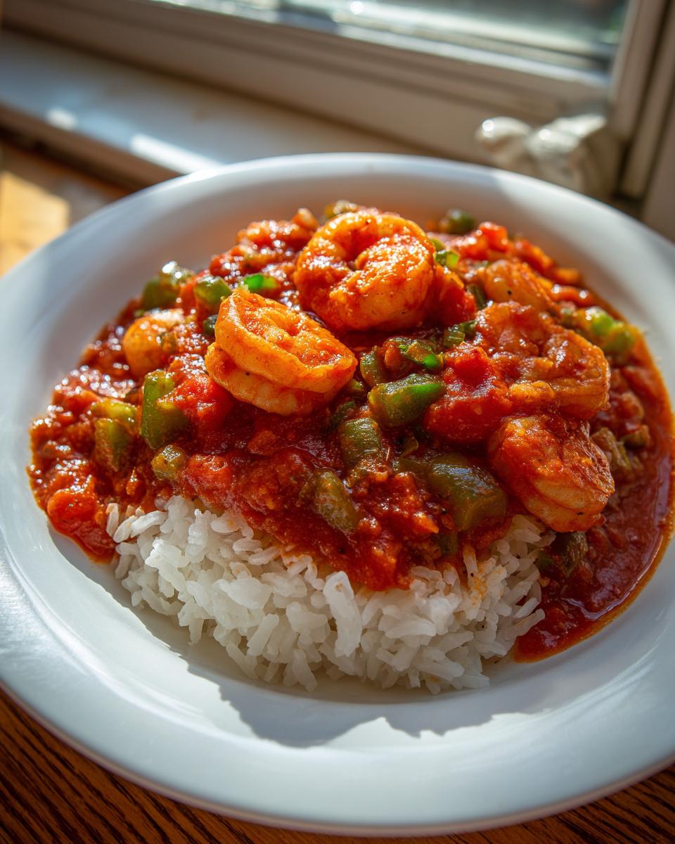 A close-up of a bowl of rich Shrimp Creole served over fluffy white rice, featuring plump shrimp and green peppers in a tomato sauce.