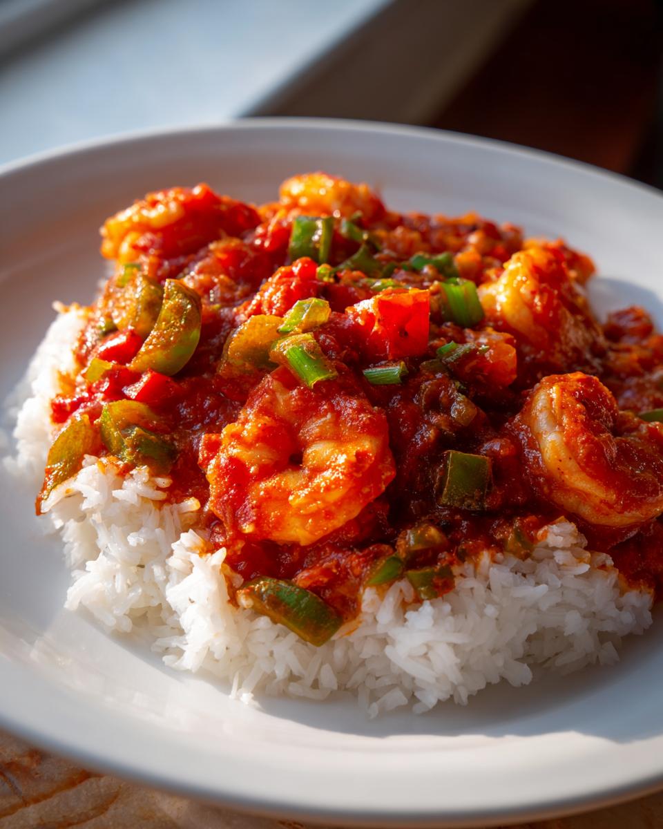 A close-up of vibrant Shrimp Creole served over fluffy white rice, garnished with green onions.
