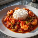 A vibrant bowl of Shrimp Creole featuring large seasoned shrimp and green peppers in a rich tomato sauce, served next to a mound of white rice.