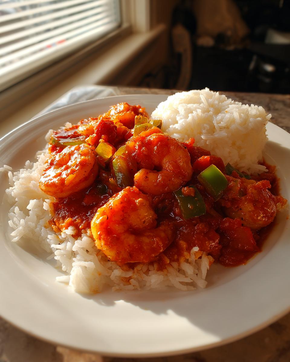 A close-up of a serving of vibrant Shrimp Creole with large shrimp and green peppers over white rice on a white plate.