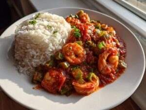 A serving of vibrant Shrimp Creole with large shrimp and green peppers in a rich tomato sauce, next to a mound of white rice.