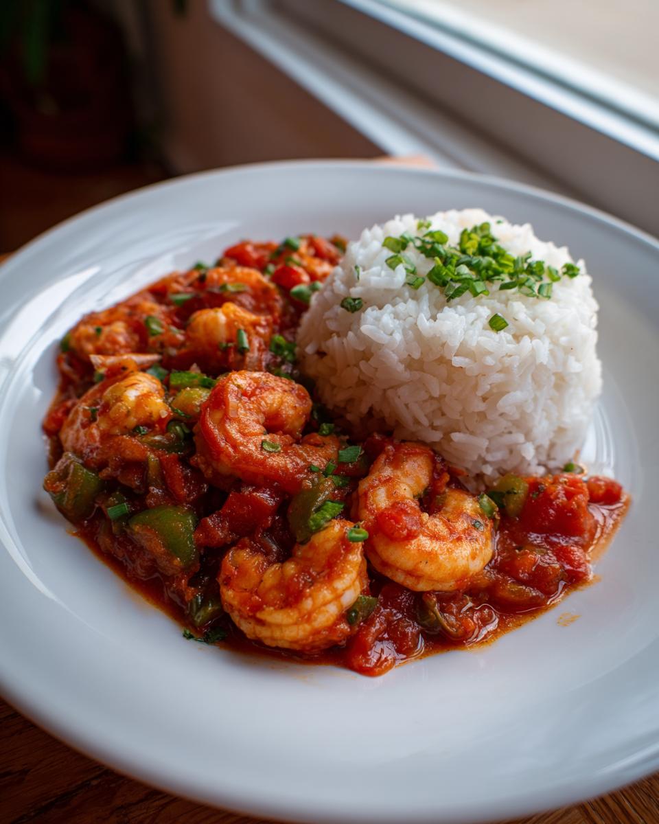 A serving of vibrant Shrimp Creole with plump shrimp in a rich tomato sauce next to a mound of white rice topped with chives.