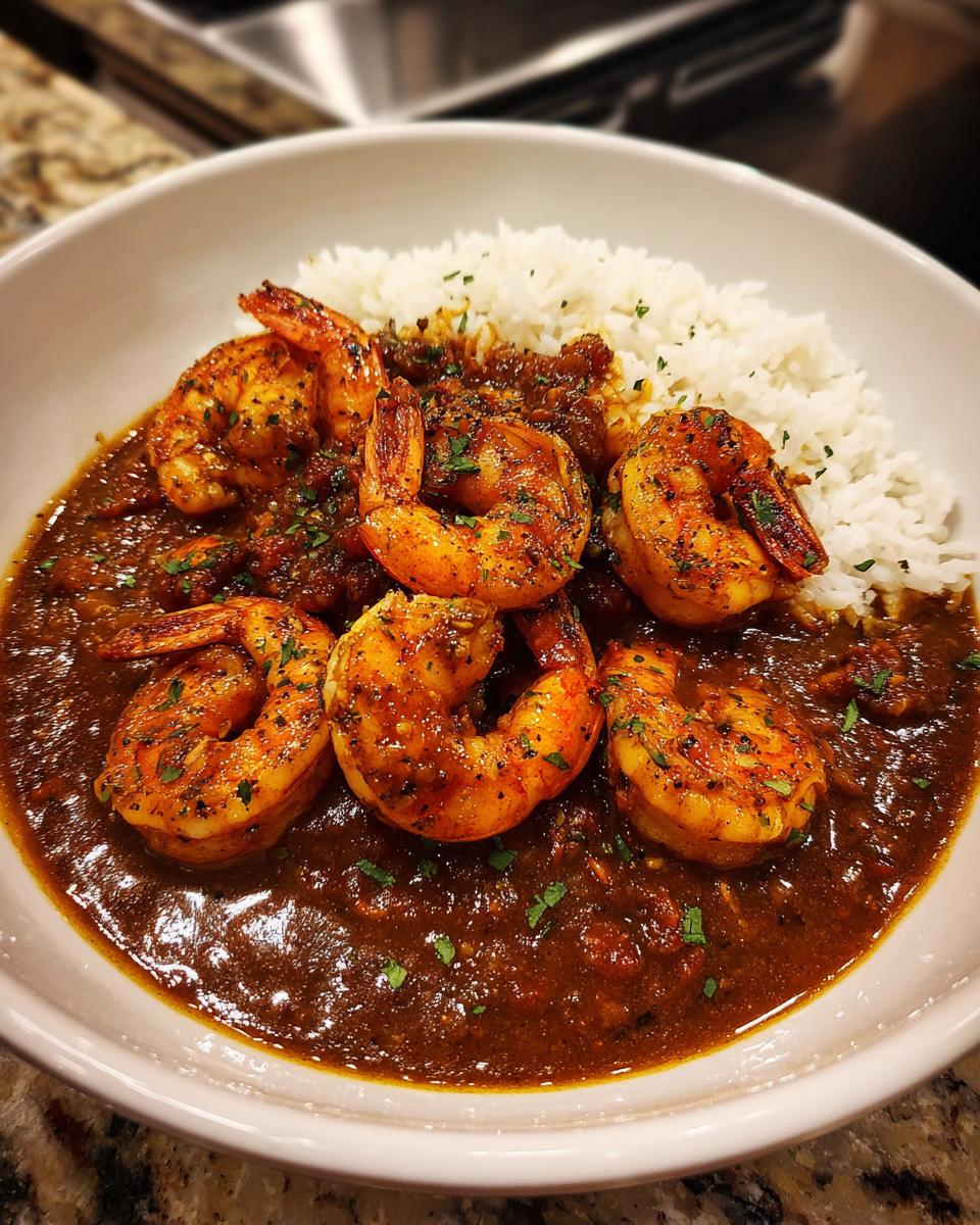 Close-up of rich, dark shrimp etouffee sauce topped with five seasoned shrimp and white rice.