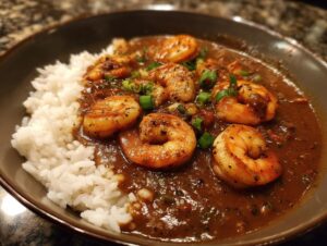 Close-up of rich shrimp etouffee served alongside fluffy white rice, garnished with green onions.
