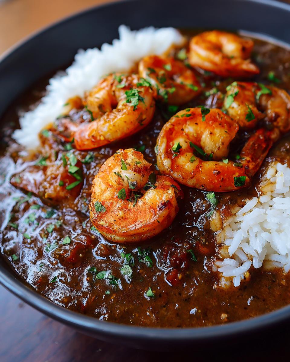 Close-up of a bowl of rich, dark shrimp etouffee served with white rice and topped with seasoned shrimp and parsley.