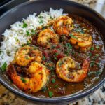 Close-up of rich, dark shrimp etouffee with plump seasoned shrimp served next to white rice.