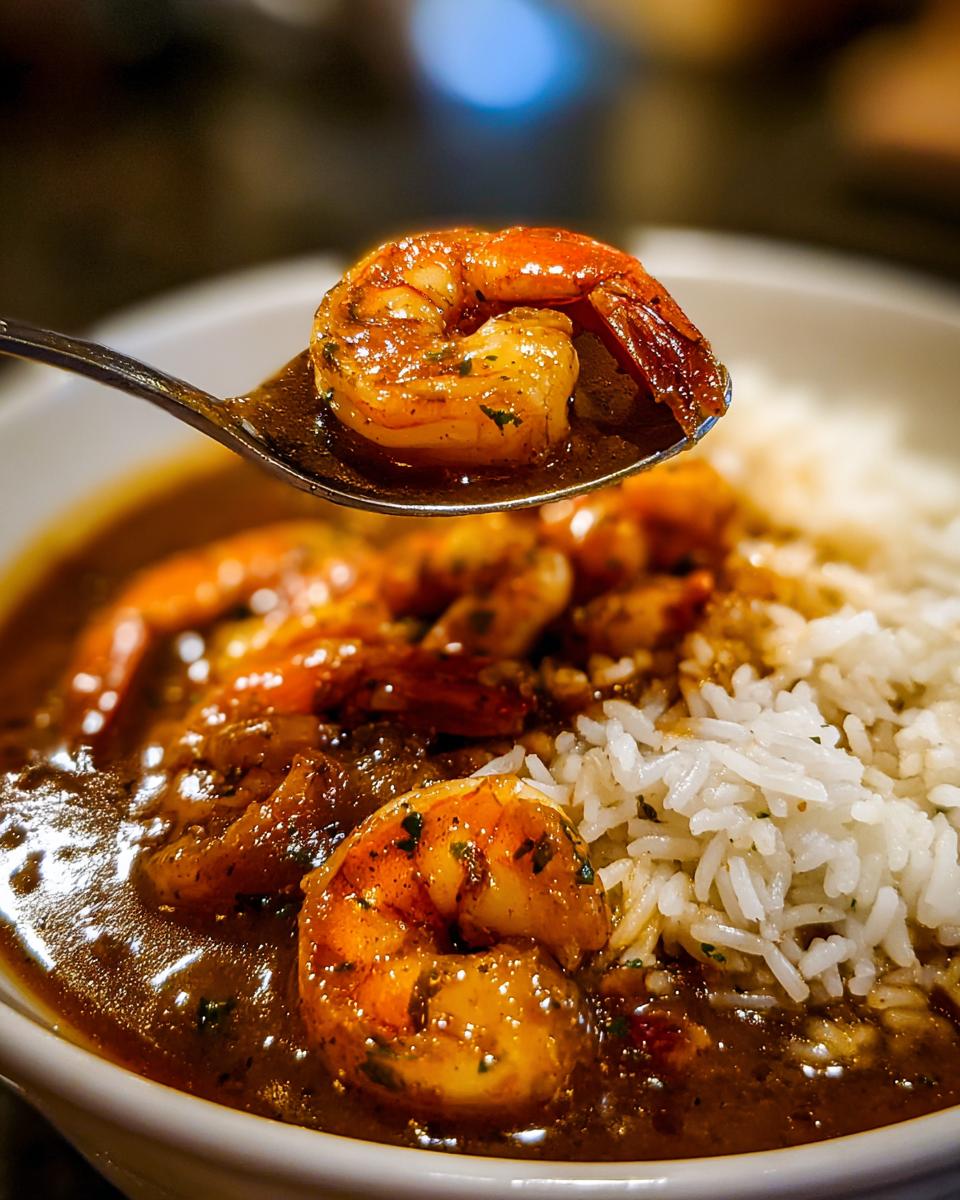 Close-up of a spoonful of rich shrimp etouffee being lifted from a bowl containing rice.