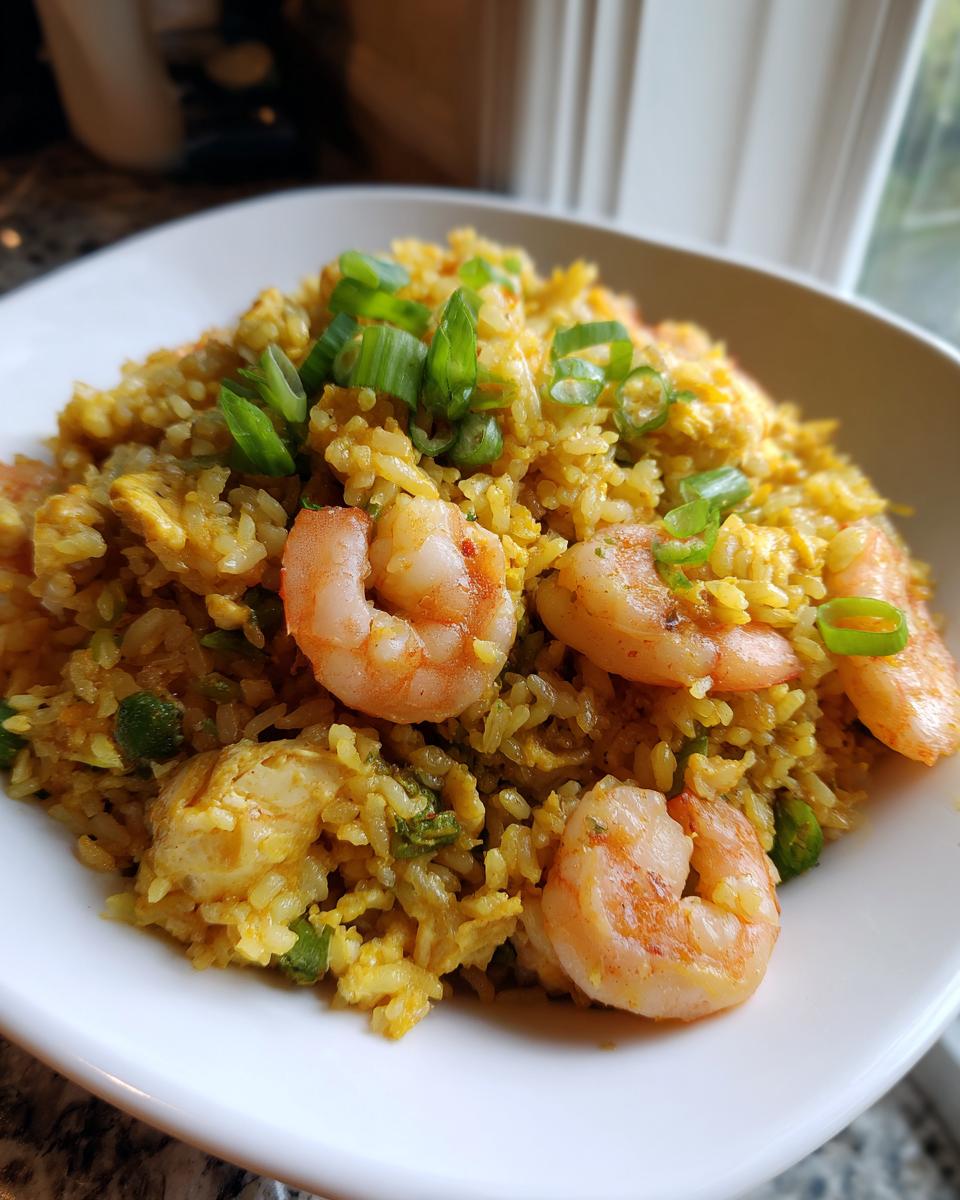 Close-up of a bowl of vibrant yellow shrimp fried rice recipe, topped with large pink shrimp and green onions.