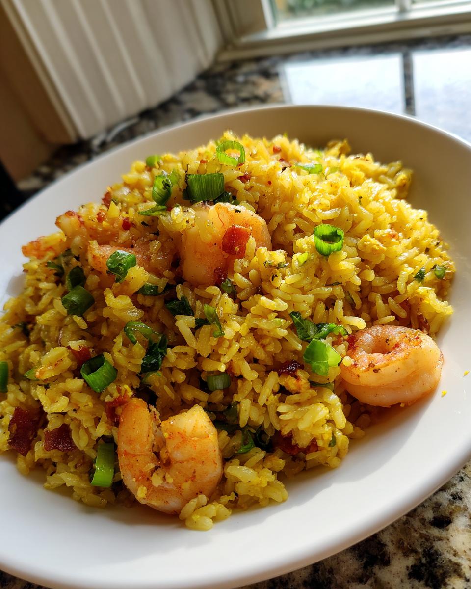 Close-up of vibrant yellow shrimp fried rice recipe topped with plump shrimp and green onions in a white bowl.
