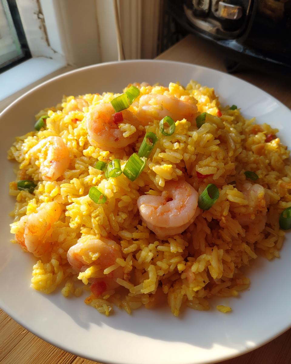 A close-up of delicious shrimp fried rice recipe, featuring yellow rice, pink shrimp, and green onions on a white plate.