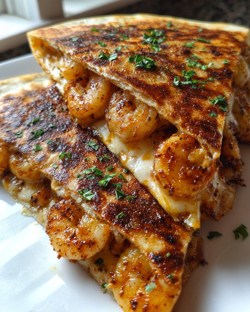 Close-up of two wedges of a perfectly grilled shrimp quesadilla, showing seasoned shrimp and melted cheese inside.
