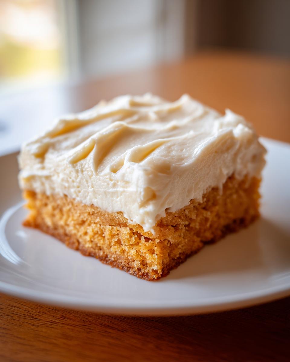 A square piece of thick, frosted sugar cookie bars served on a white plate.