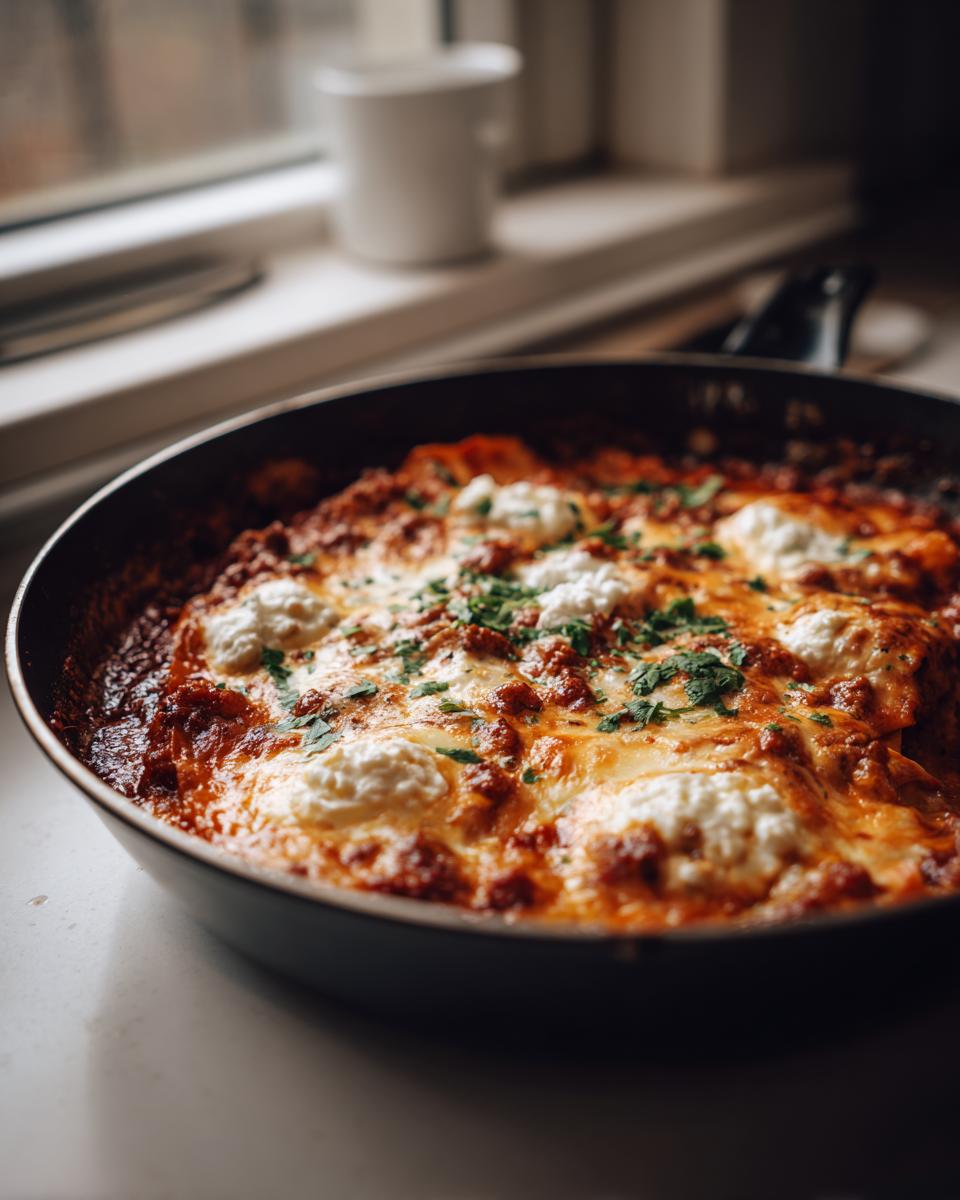 Close-up of a bubbling, cheesy skillet lasagna topped with dollops of ricotta and fresh parsley.
