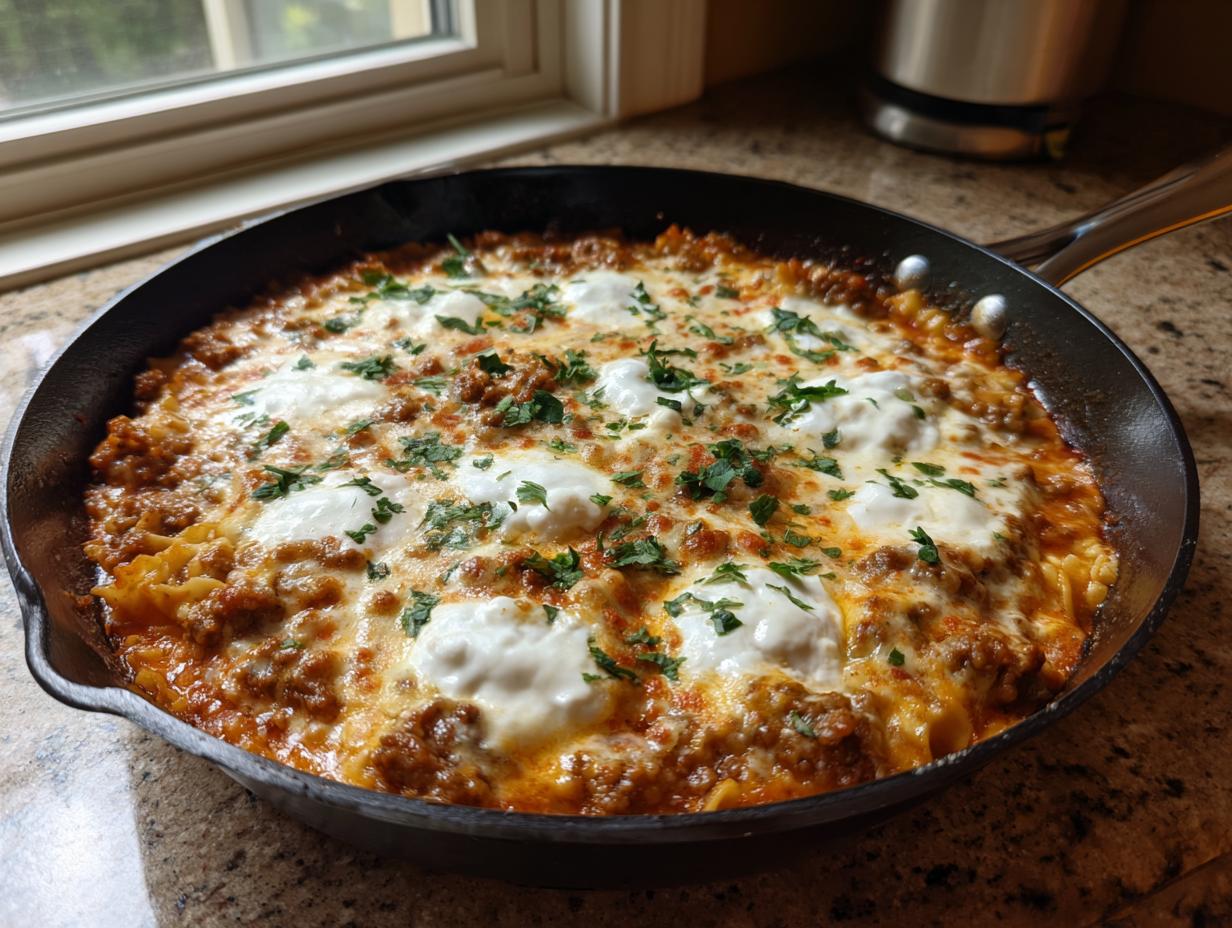 A bubbling, cheesy skillet lasagna topped with dollops of ricotta and fresh parsley in a black cast iron pan.