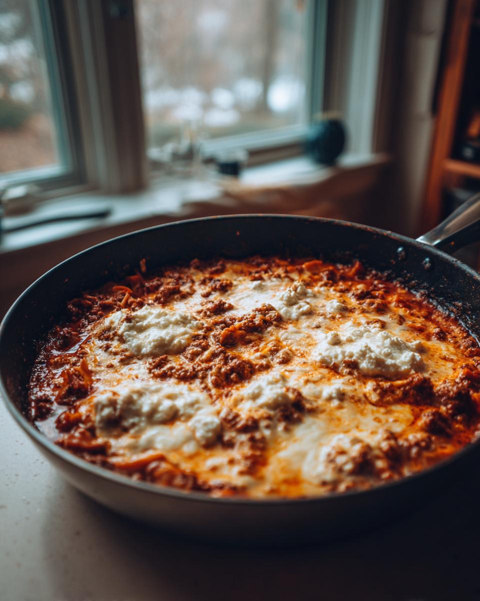 Close-up of bubbling, cheesy skillet lasagna topped with ricotta and rich meat sauce in a dark pan.