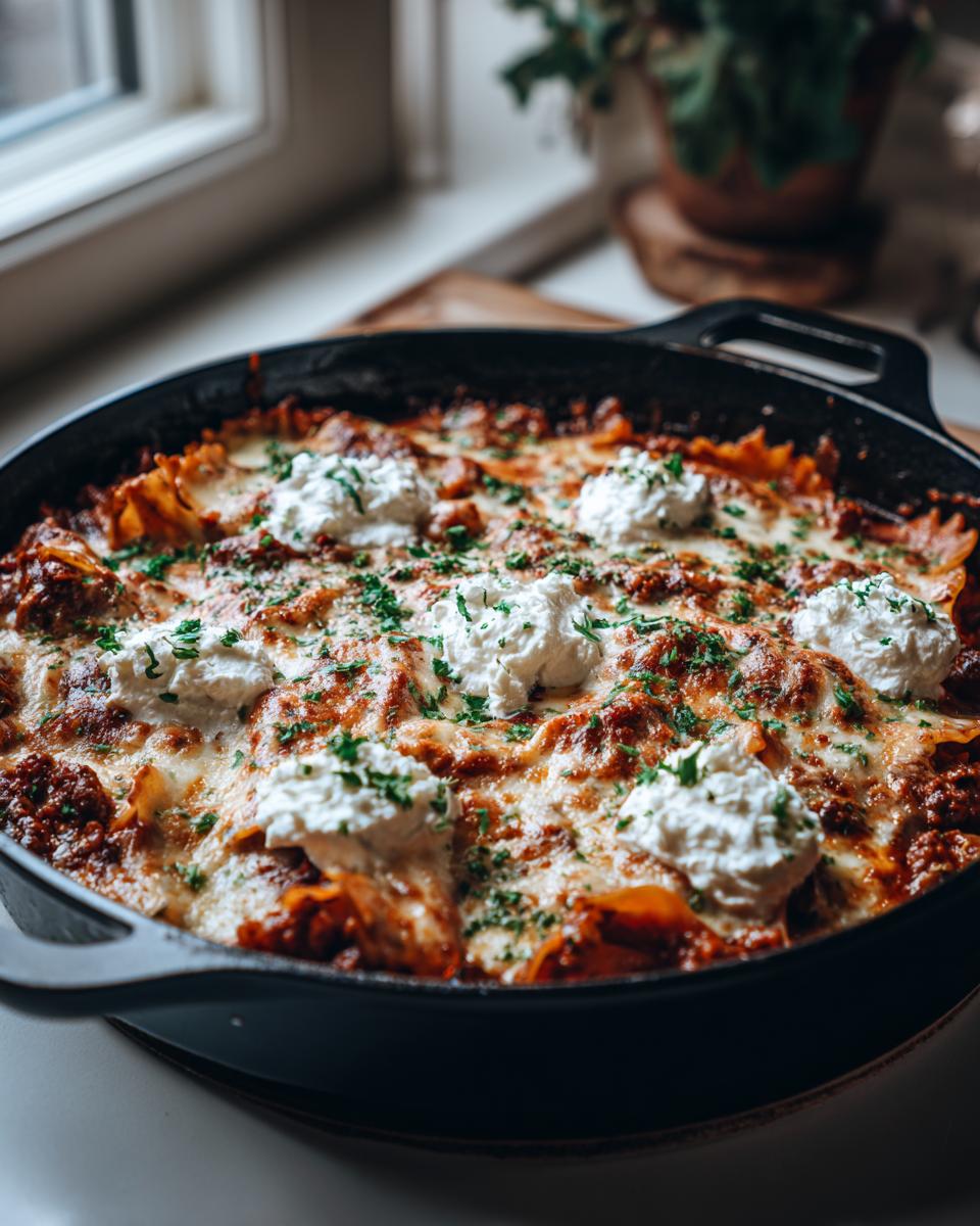 Close-up of a bubbling, cheesy skillet lasagna topped with dollops of ricotta cheese and fresh parsley.
