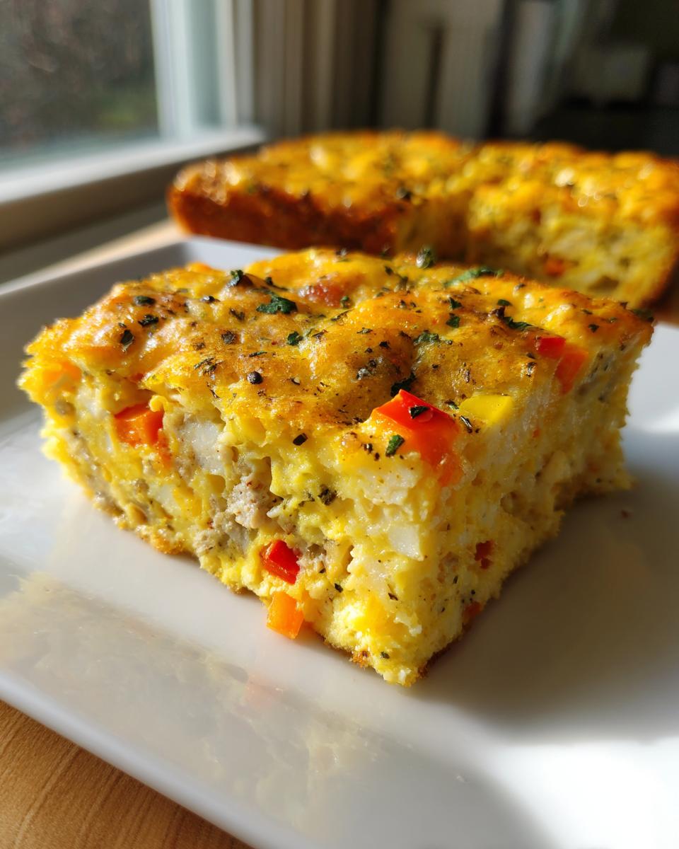 A close-up slice of a savory egg bake casserole with visible sausage, peppers, and herbs on top.