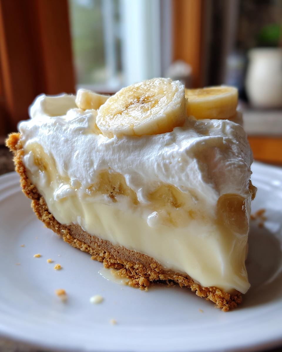 Close-up of a perfect slice of banana cream pie recipe with thick custard, whipped cream, and banana slices.
