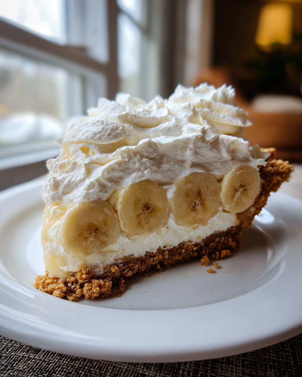 A decadent slice of banana cream pie recipe featuring a graham cracker crust, sliced bananas, and whipped cream topping.