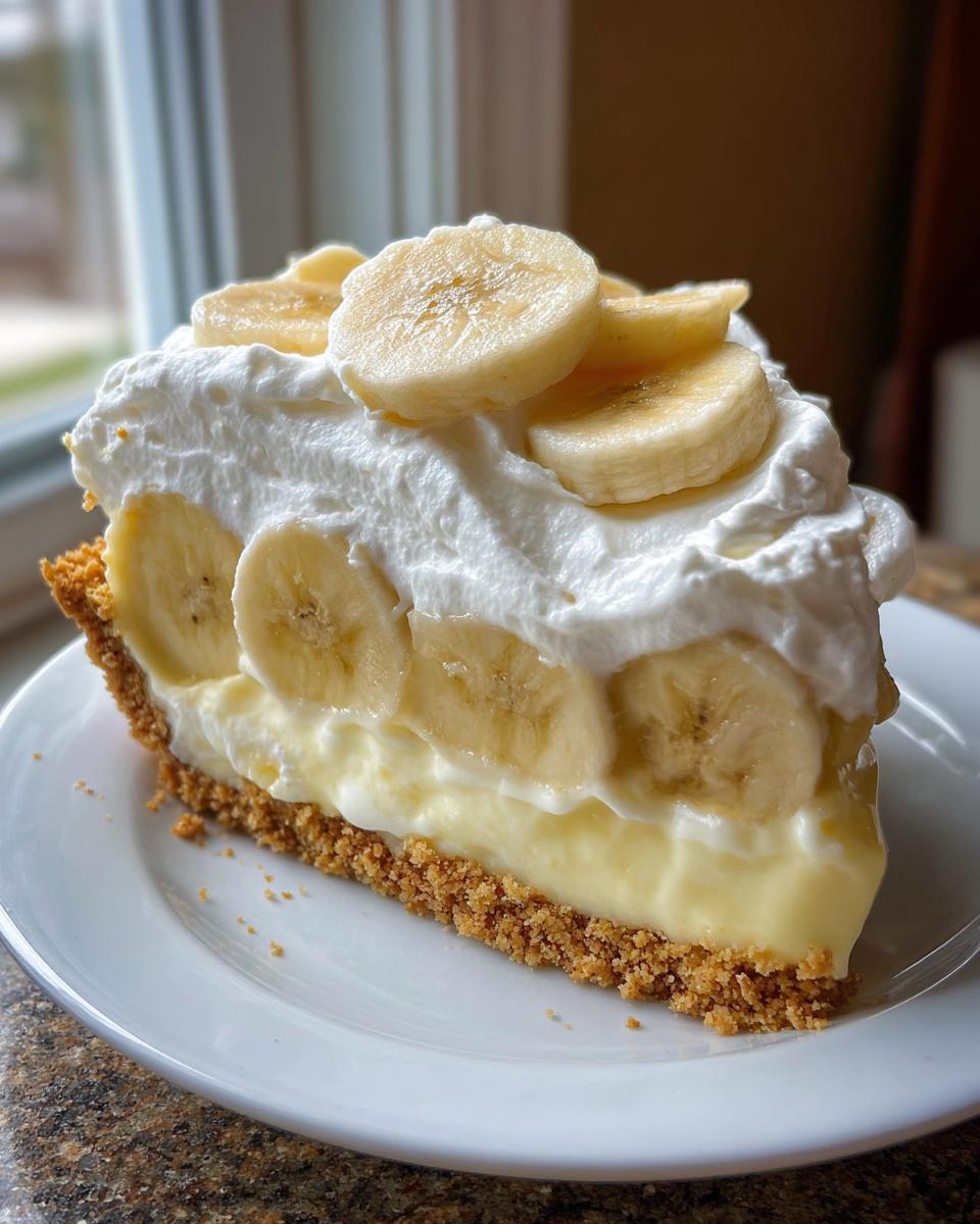 A generous slice of banana cream pie recipe featuring a graham cracker crust, thick custard, fresh banana slices, and whipped cream topping.