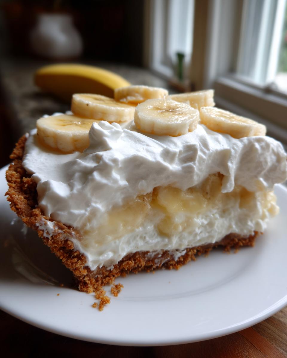 Close-up of a slice of banana cream pie recipe, featuring a graham cracker crust, creamy filling, and fresh banana slices on whipped cream.