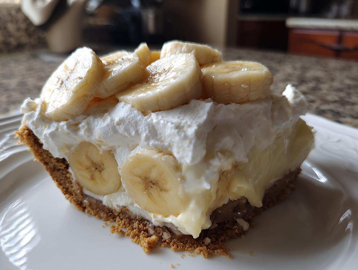 Close-up of a slice of banana cream pie recipe showing graham cracker crust, creamy filling, and fresh banana slices topped with whipped cream.