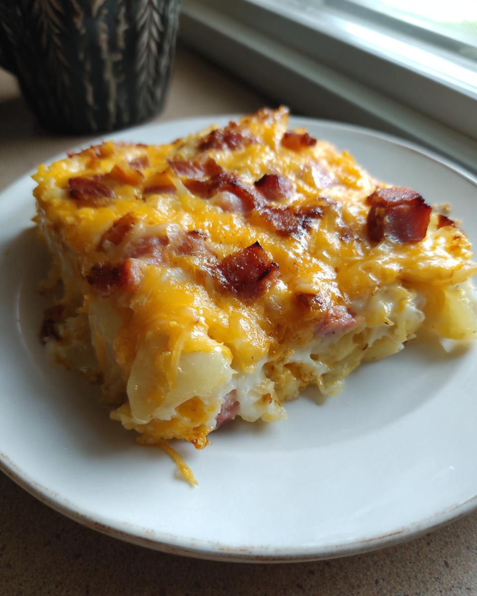 A hearty slice of pierogi casserole topped with melted cheddar cheese and crispy bacon bits, served on a white plate.
