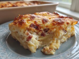 Close-up of a generous slice of creamy pierogi casserole topped with bubbly, browned cheese.