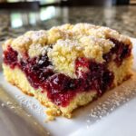 A close-up of a square slice of cherry dump cake with a crumb topping, dusted with powdered sugar.