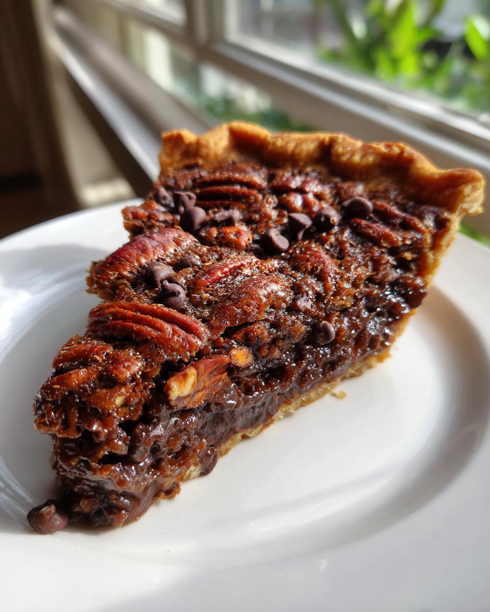 A close-up of a rich slice of chocolate bourbon pecan pie topped with whole pecans and chocolate chips on a white plate.