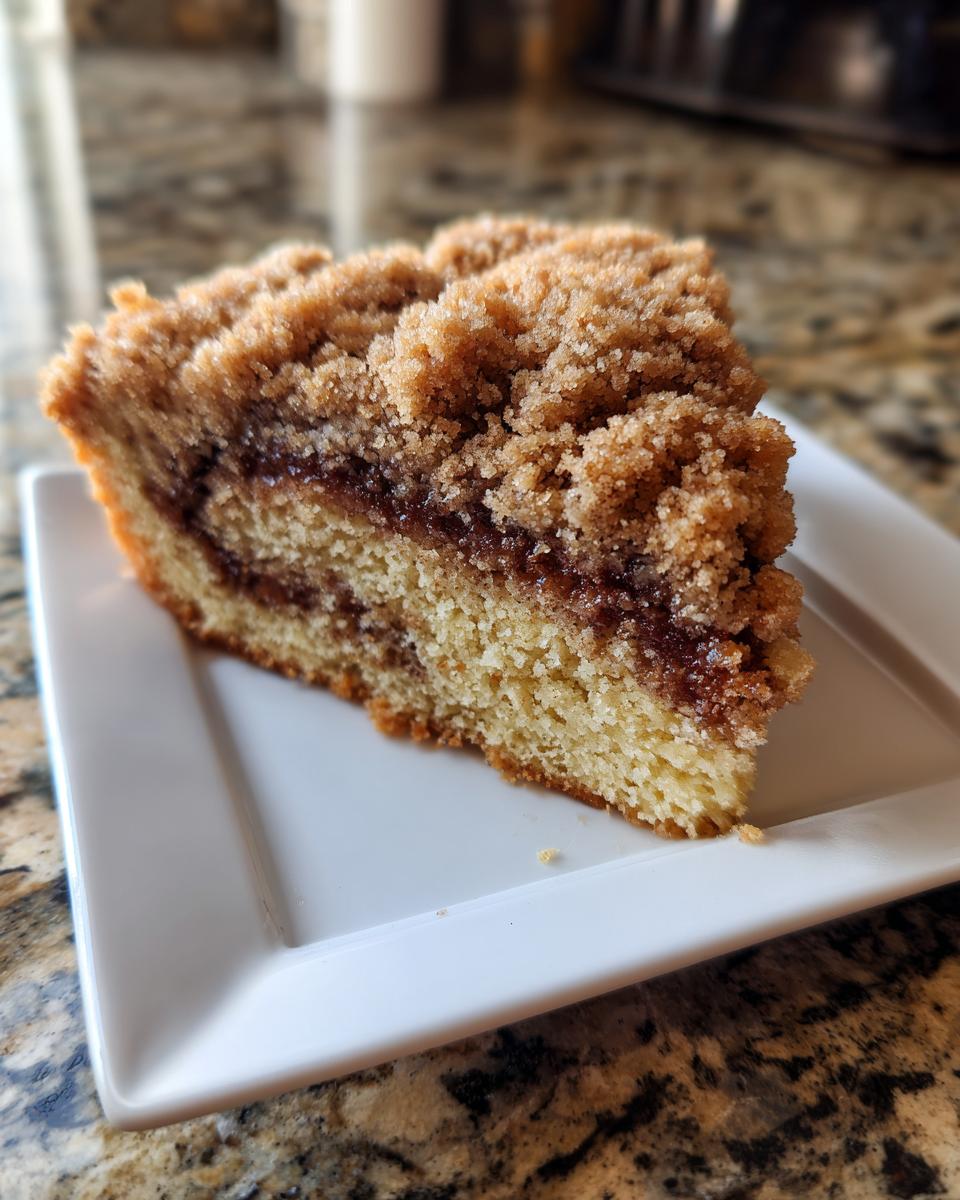 Close-up of a soft slice of coffee cake cookies showing a thick cinnamon swirl and brown sugar crumb topping.