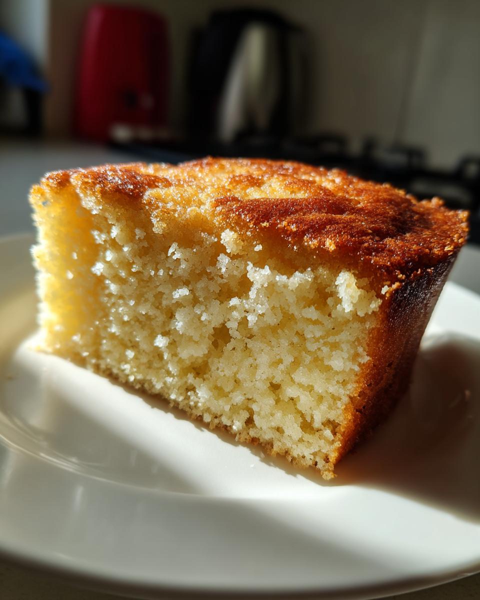 Close-up of a golden-brown slice of moist condensed milk cake on a white plate.