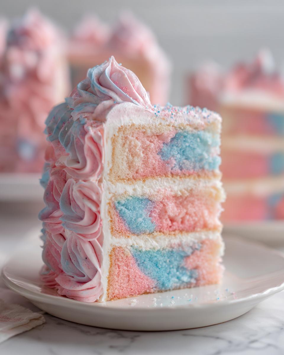 A close-up slice of fluffy cotton candy cake showing three layers of pink and blue marbled cake with white frosting swirls.