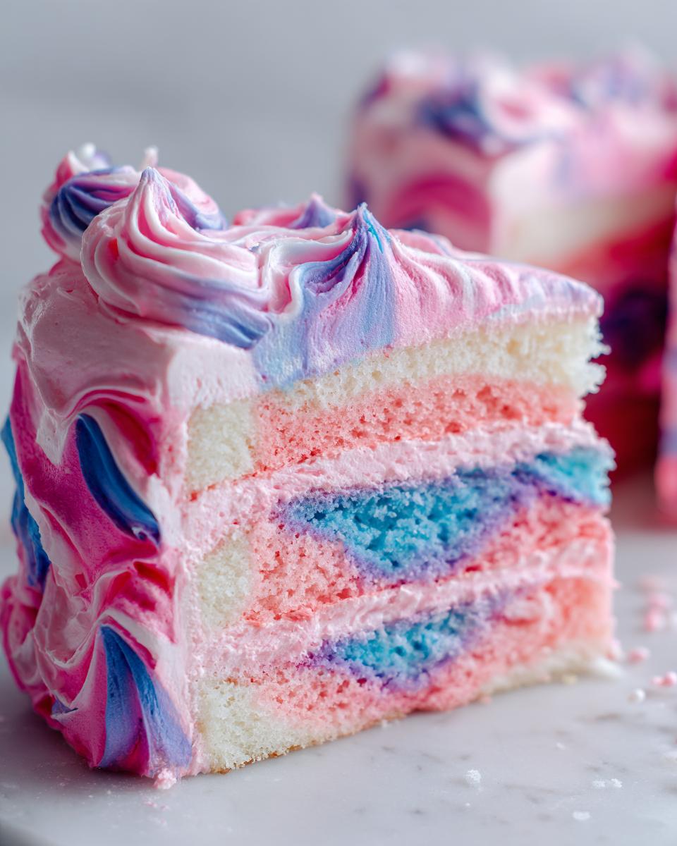 Close-up of a slice of cotton candy cake showing layers of white, pink, and blue marbled cake with pink and purple swirled frosting.
