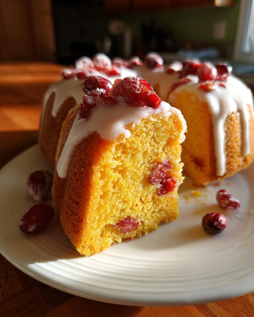 Close-up of a slice of moist cranberry orange cake showing the texture and embedded cranberries, topped with white glaze and sugared cranberries.