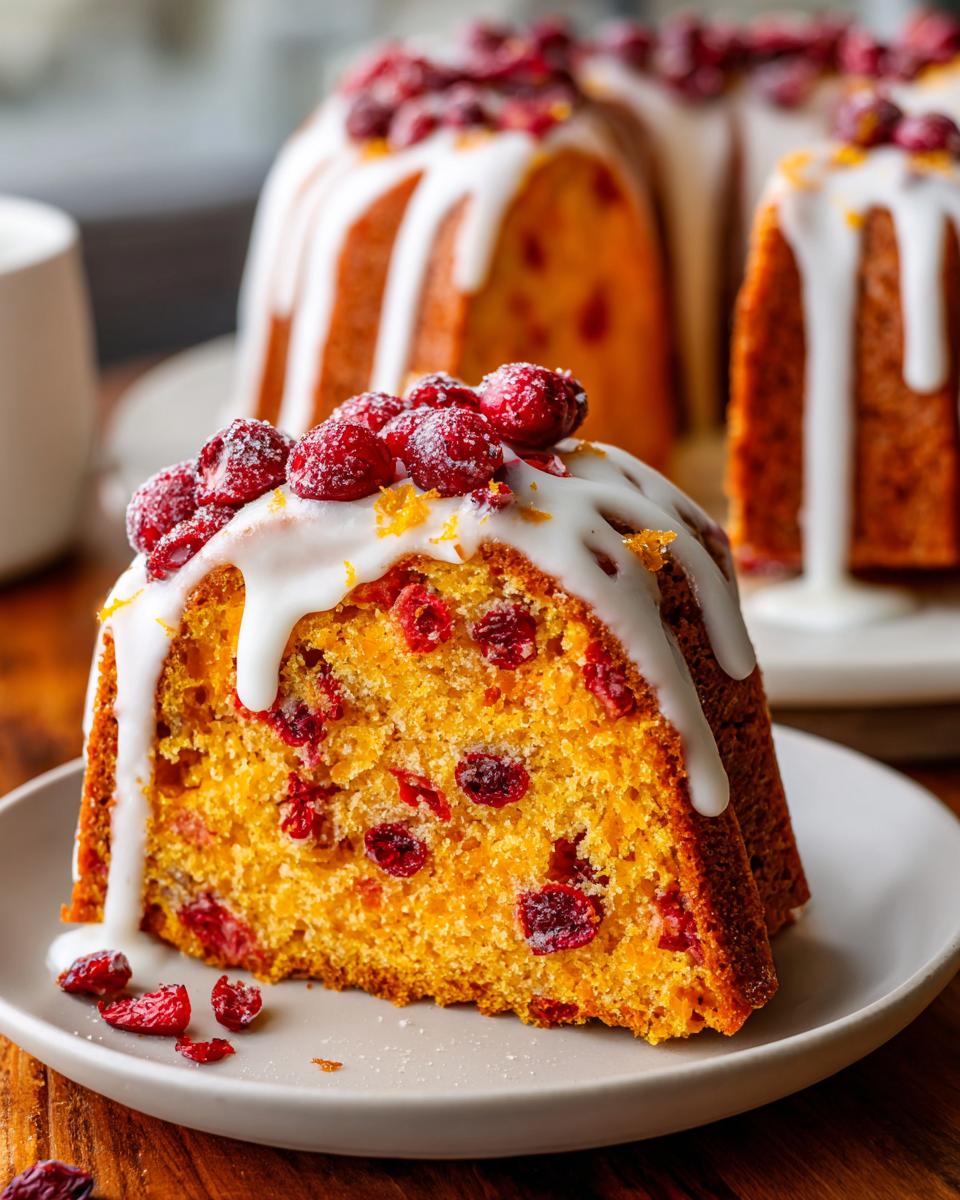 A close-up slice of moist cranberry orange cake topped with white glaze and sugared cranberries.