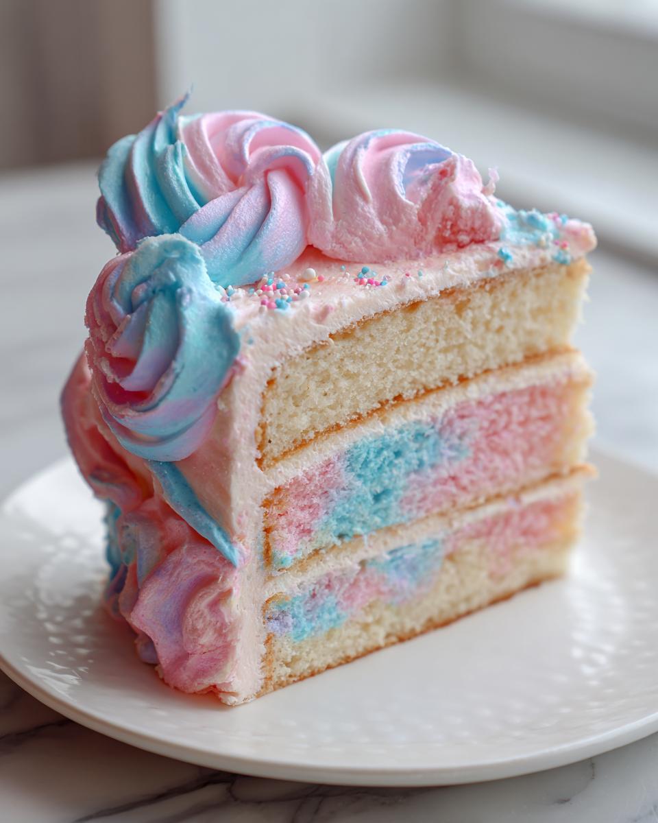 A tall slice of cotton candy cake featuring three layers of vanilla sponge with pink and blue marbled centers.