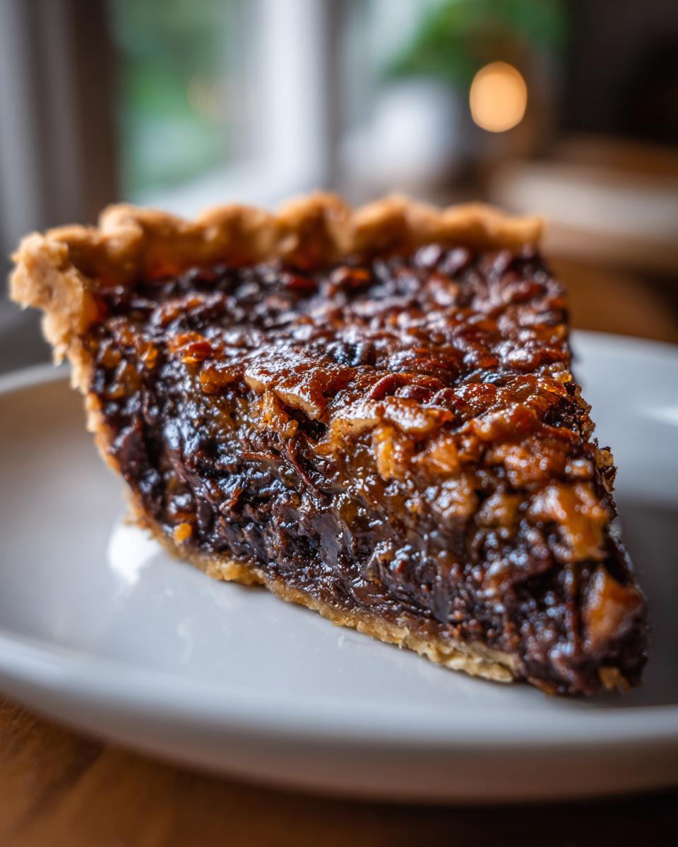 A close-up shot of a decadent slice of german chocolate pie showing a dark, gooey filling and pecan topping on a white plate.