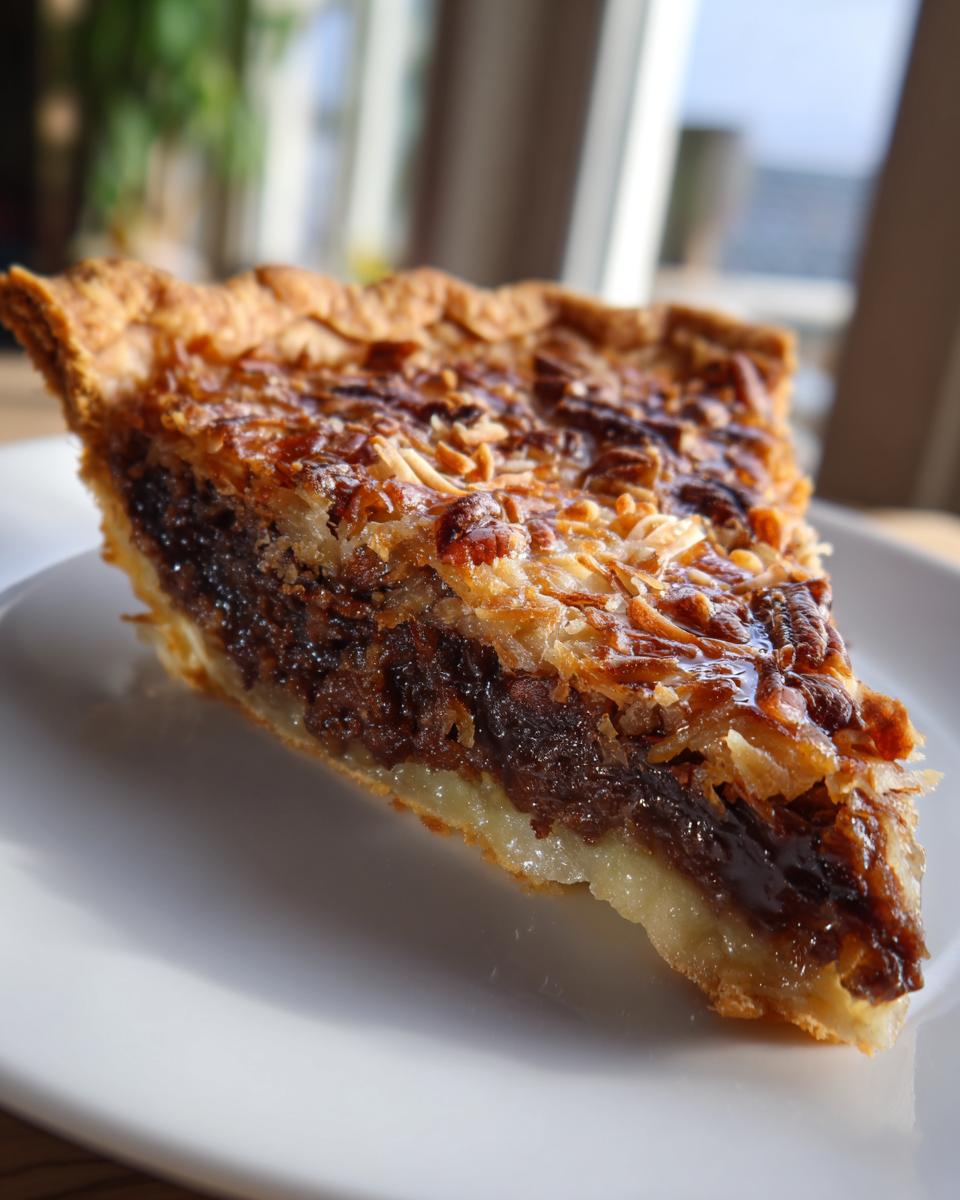 A close-up slice of rich german chocolate pie showing the dark filling, pecans, and coconut topping on a white plate.