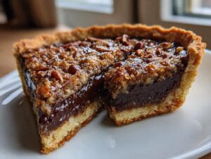 Close-up of a slice of german chocolate pie showing a dark chocolate filling and a gooey pecan topping on a light crust.