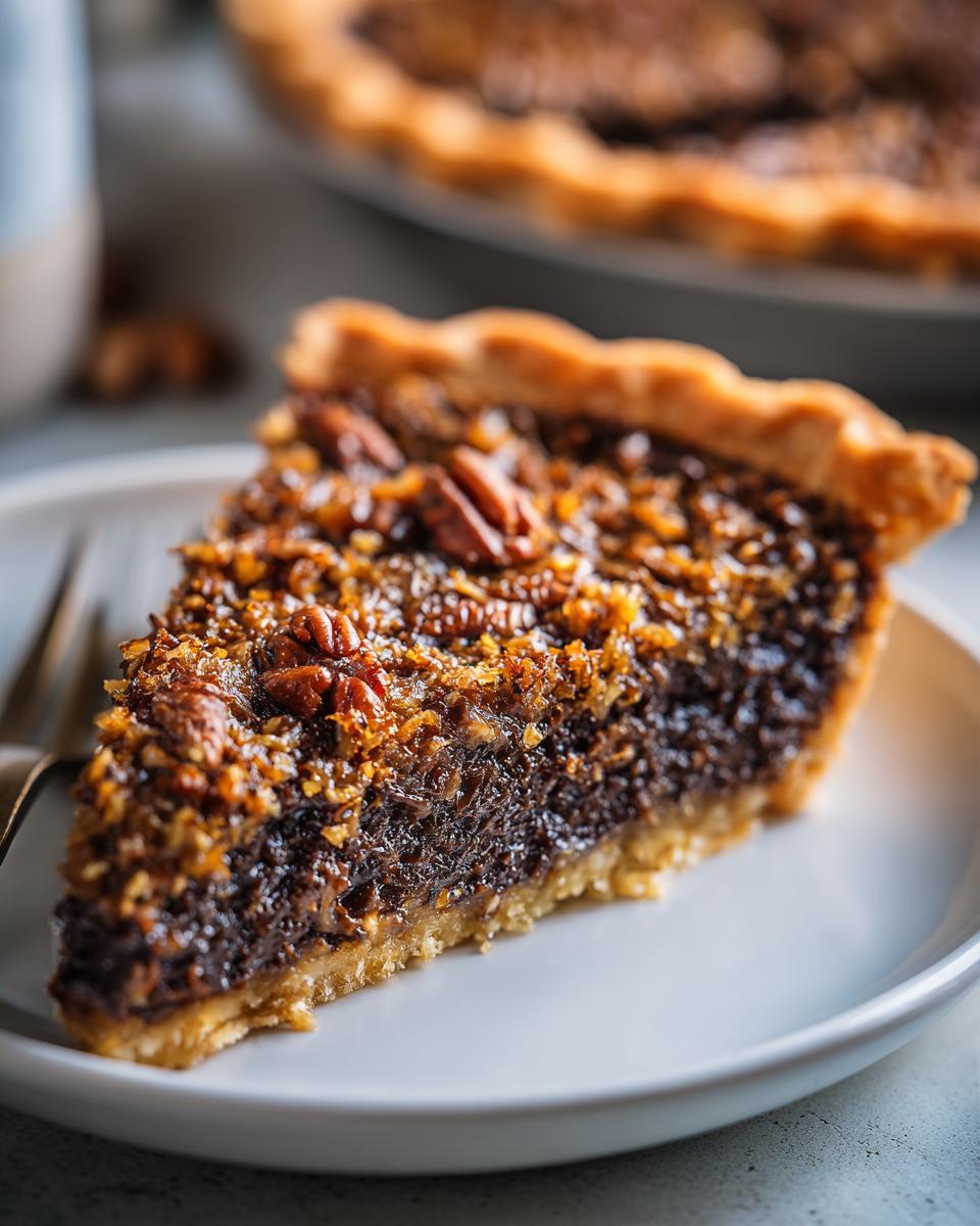 Close-up of a decadent slice of german chocolate pie showing the dark filling, crust, and pecan topping.