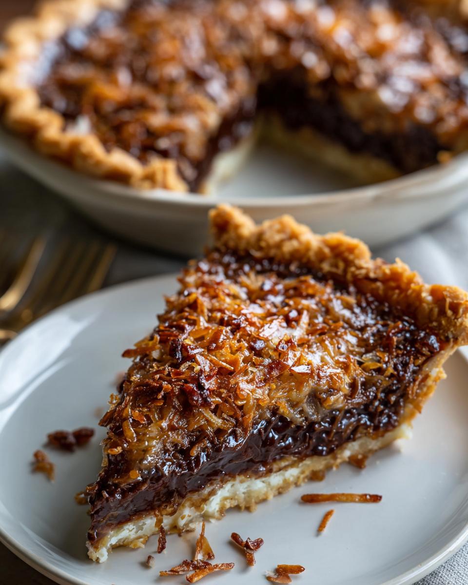 A close-up slice of decadent german chocolate pie featuring a dark chocolate filling and a thick layer of toasted coconut topping.
