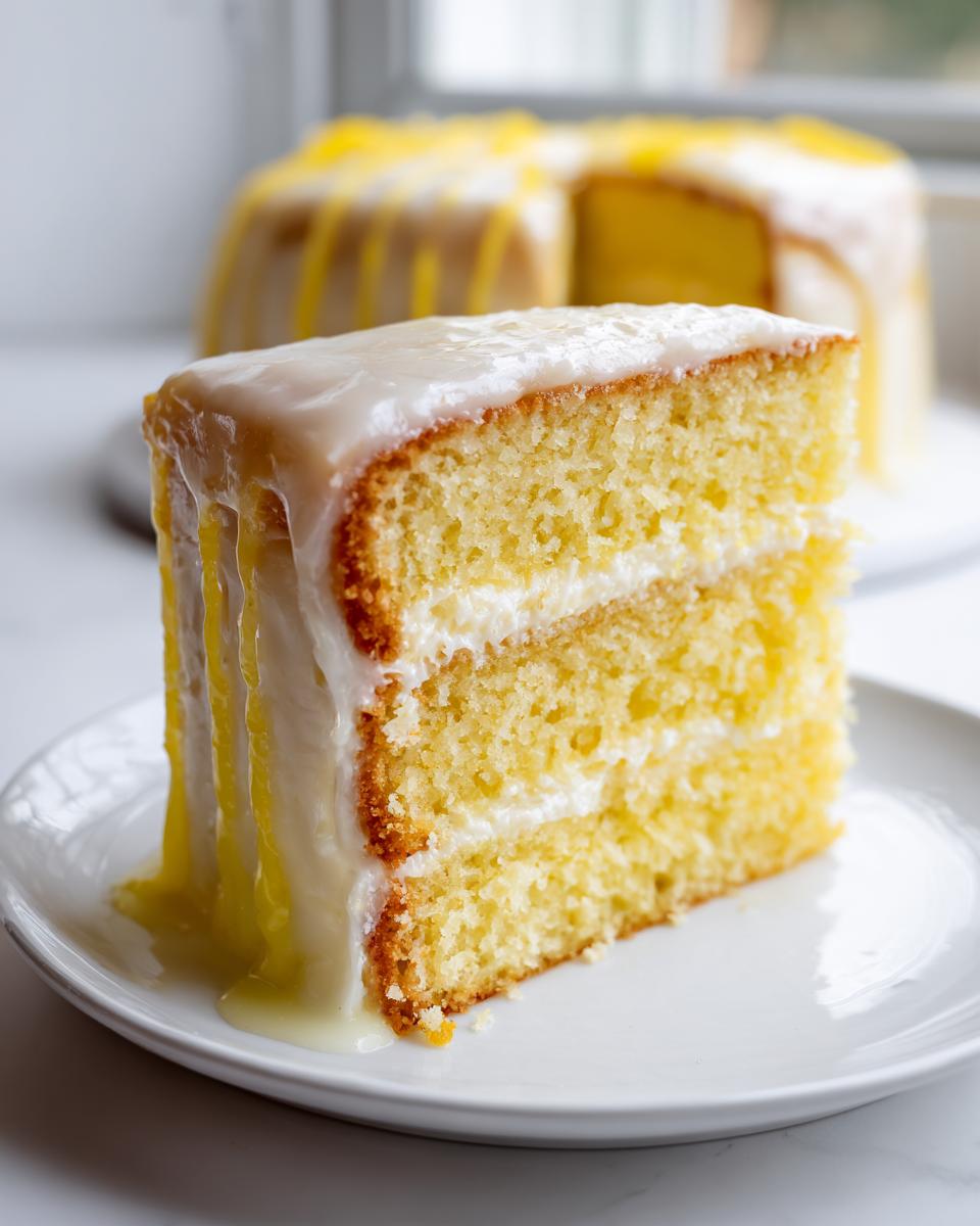 A close-up of a moist slice of two-layer lemon cake recipe covered in thick white glaze dripping down the sides.