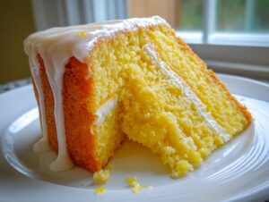 A moist slice of bright yellow lemon cake recipe topped with thick white glaze dripping down the sides, served on a white plate.
