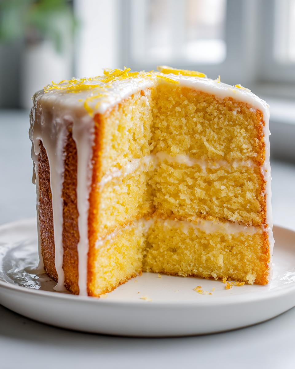 A close-up of a slice of two-layer lemon cake recipe with white glaze dripping down the sides and lemon zest on top.