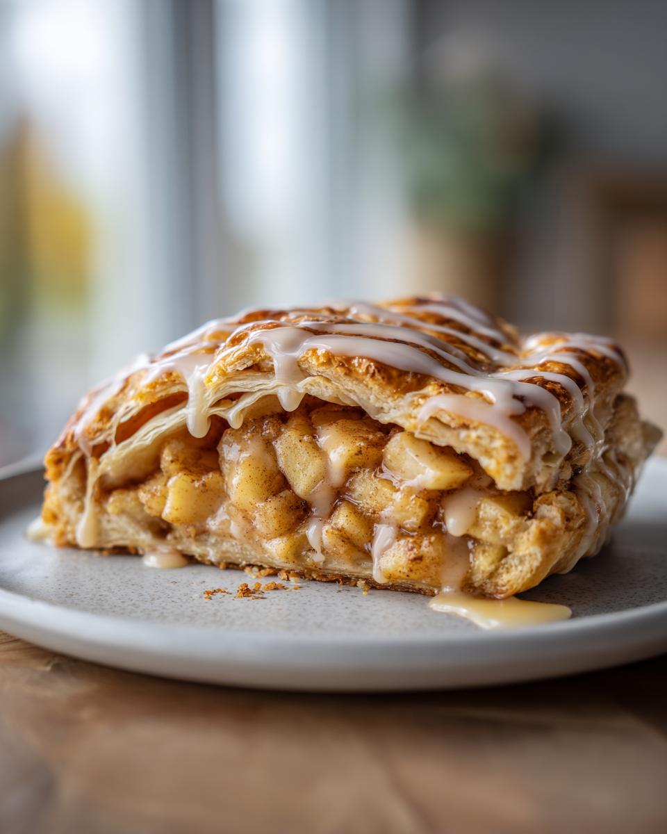 A close-up of a flaky slice of apple strudel filled with spiced apples and drizzled with vanilla icing.