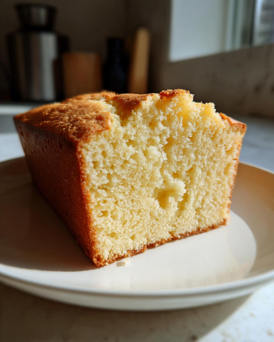 Close-up of a slice of moist, golden condensed milk cake resting on a white plate in natural light.