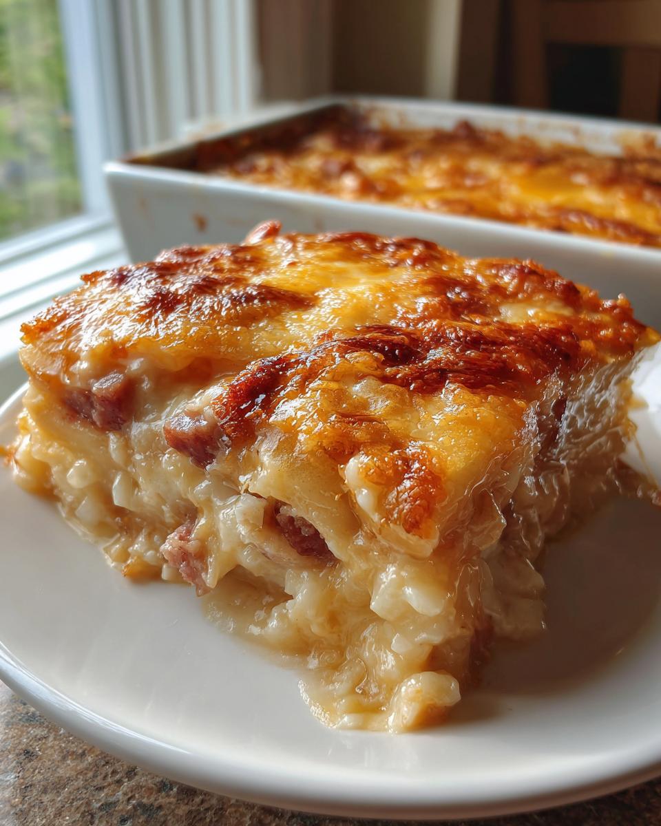 A close-up slice of creamy pierogi casserole with a bubbly, browned cheese topping served on a white plate.
